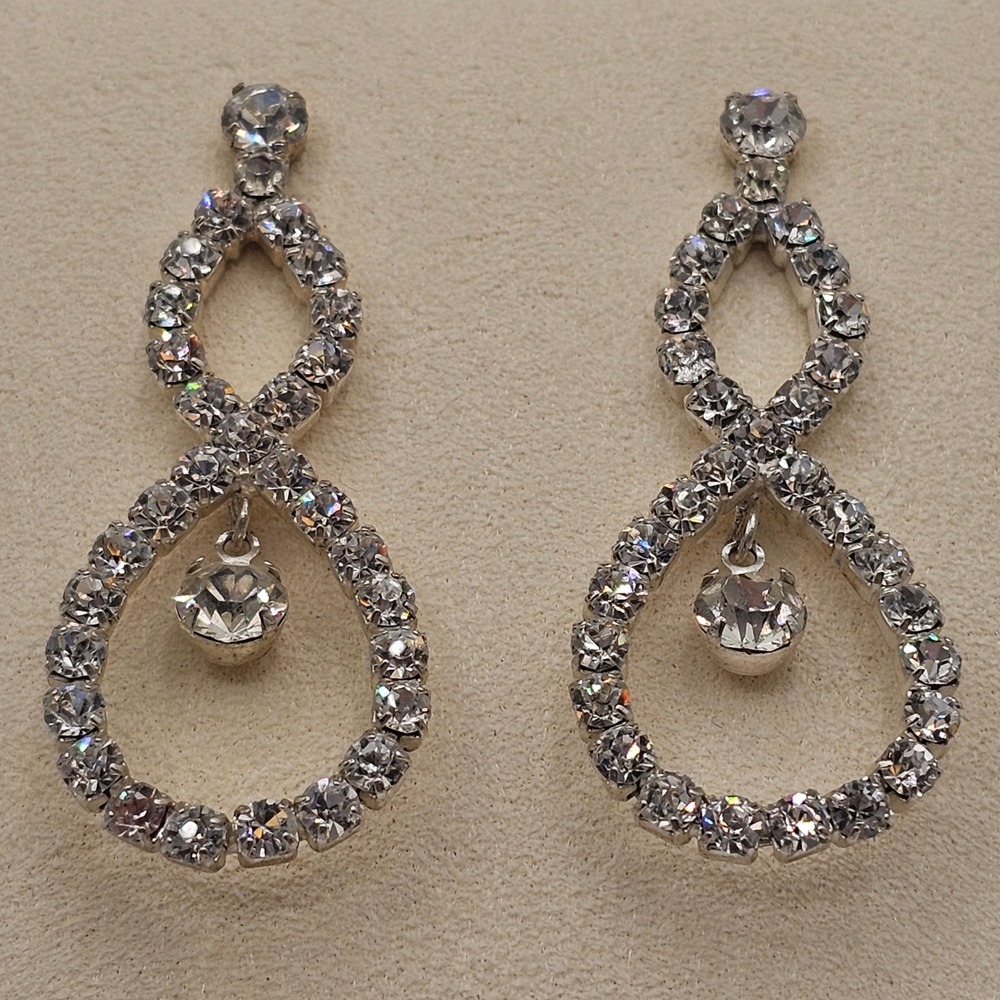 Y2K Clear Crystal Rhinestone Double Teardrop Drop Earrings Formal Bridal Sparkle - Picture 15 of 15